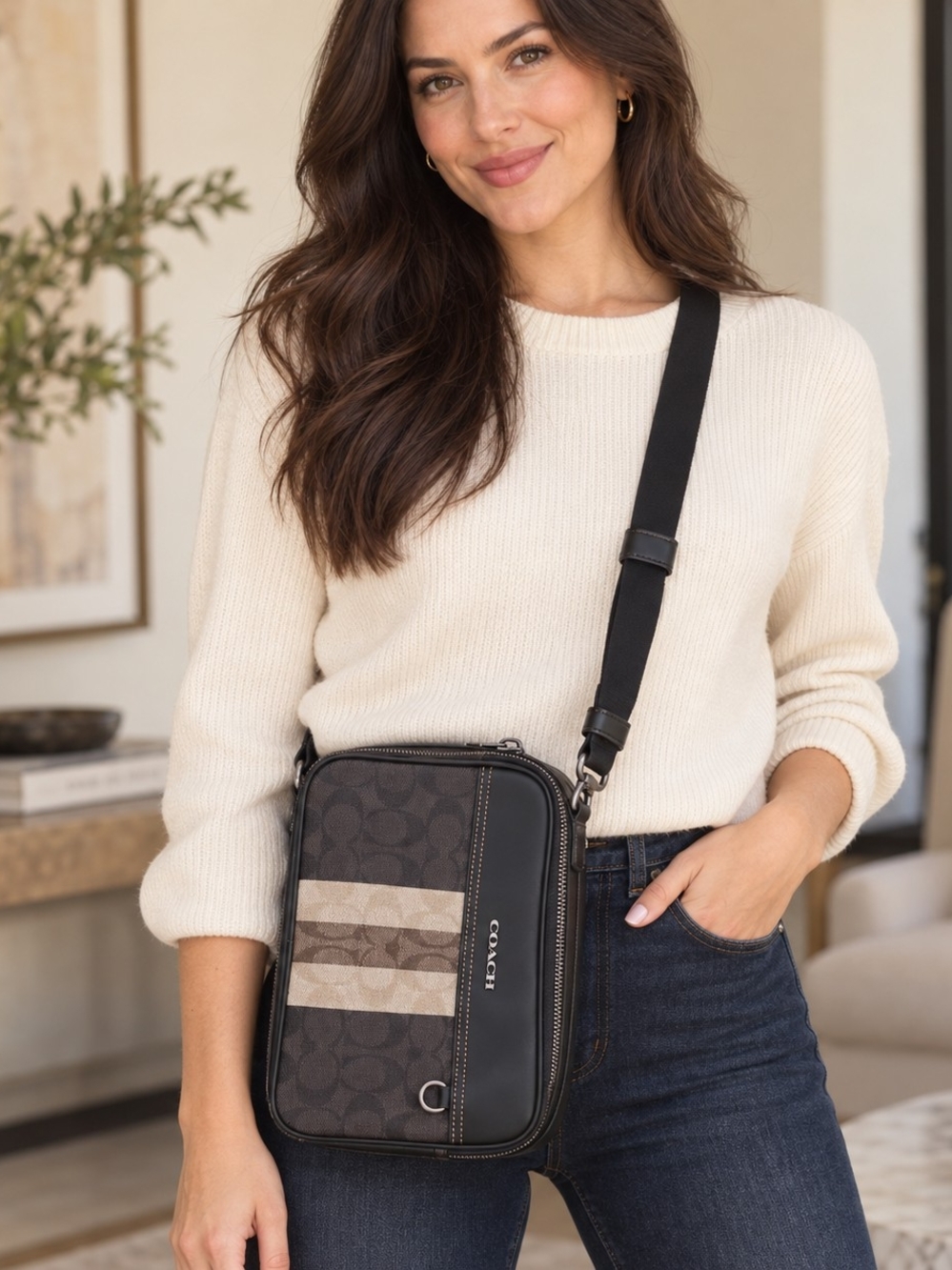 Coach Brown and Black Signature Stripe Crossbody Bag